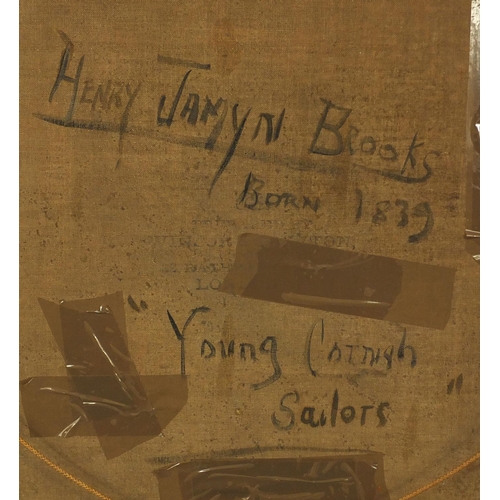 61 - Henry Jamyn Brooks - Oil onto canvas, young Cornish sailors, inscriptions verso, mounted and gilt fr... 