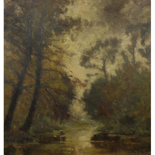 350 - French Barbizon school impressionist oil onto board, stream in a forest, bearing an indistinct signa... 