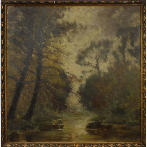 350 - French Barbizon school impressionist oil onto board, stream in a forest, bearing an indistinct signa... 