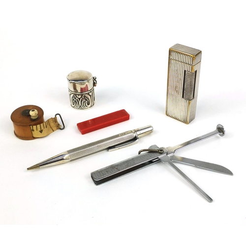 362 - Group of objects including a silver Yard-O-Lead propelling pencil, silver plated Dunhill lighter and... 