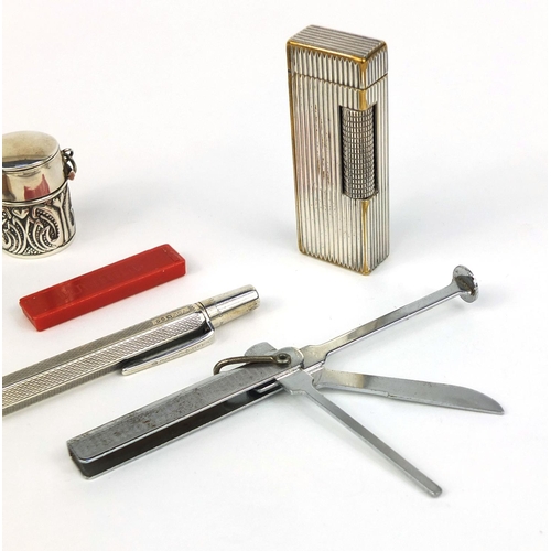 362 - Group of objects including a silver Yard-O-Lead propelling pencil, silver plated Dunhill lighter and... 