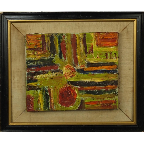 403 - Oil onto canvas abstract composition, bearing an indistinct signature Gari? mounted and framed, 31cm... 