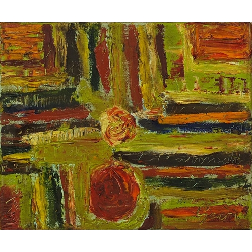 403 - Oil onto canvas abstract composition, bearing an indistinct signature Gari? mounted and framed, 31cm... 