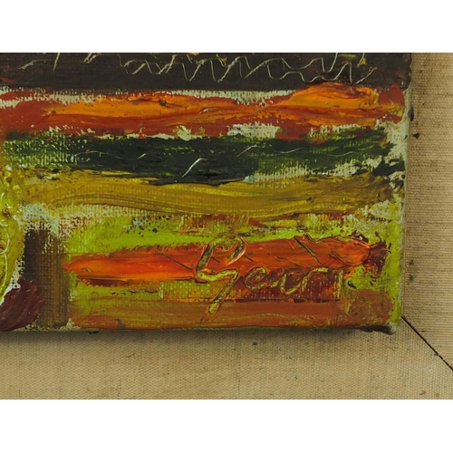 403 - Oil onto canvas abstract composition, bearing an indistinct signature Gari? mounted and framed, 31cm... 