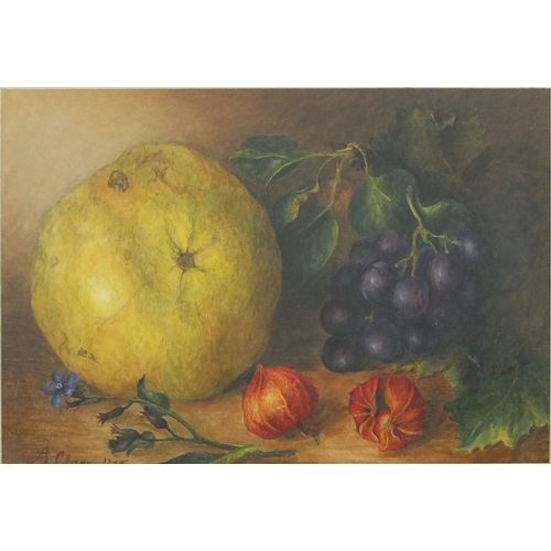 406 - Watercolour of still life fruit, bearing a signature A Clare, mounted and gilt framed, 25.5cm x 17cm... 