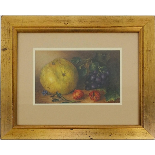 406 - Watercolour of still life fruit, bearing a signature A Clare, mounted and gilt framed, 25.5cm x 17cm... 