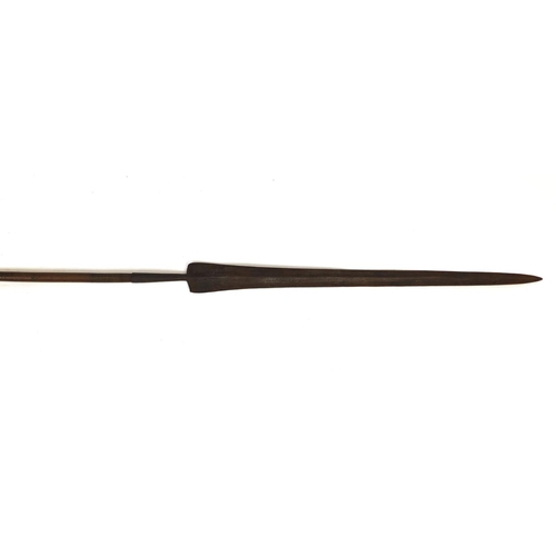 650 - Tribal interest wooden and metal double ended spear, 175cm long