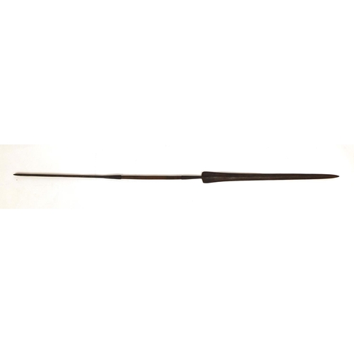 650 - Tribal interest wooden and metal double ended spear, 175cm long