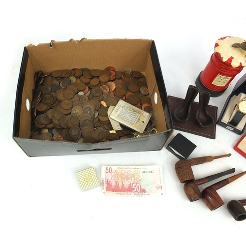 396 - Box of items to include a large quantity of copper coins, costume jewellery, stamps, pipes etc