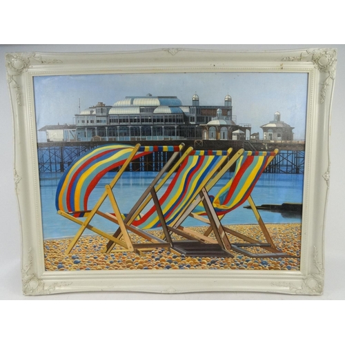 17 - Large oil on board view of Brighton West Pier with deckchairs in the foreground, 100cm x 75cm exclud... 