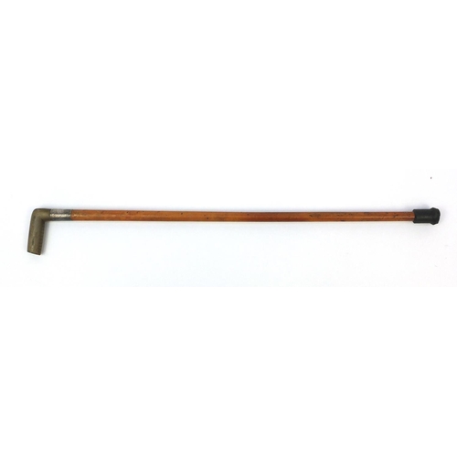 352 - Malacca walking cane with horn handle and silver coloured metal collar, 82cm long