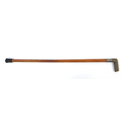 352 - Malacca walking cane with horn handle and silver coloured metal collar, 82cm long