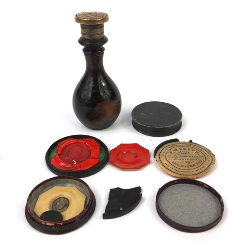 370A - Rosewood and brass seal together with three wax seals