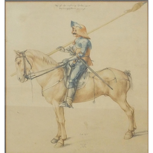 386 - Watercolour of a soldier in armour on horseback, bearing a monogram, mounted and framed, 31cm x 40cm... 