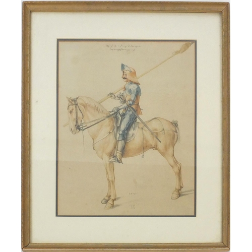 386 - Watercolour of a soldier in armour on horseback, bearing a monogram, mounted and framed, 31cm x 40cm... 