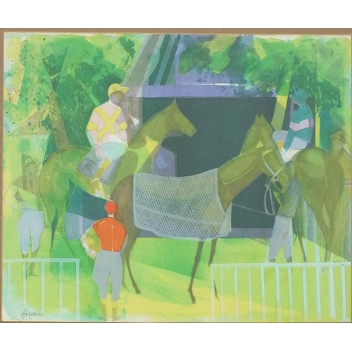 405A - * DESCRIPTION AMENDED 27/4 * Camille Hillaire - Coloured lithograph, jockeys on horseback, 70cm x 50... 