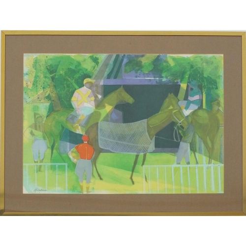 405A - * DESCRIPTION AMENDED 27/4 * Camille Hillaire - Coloured lithograph, jockeys on horseback, 70cm x 50... 