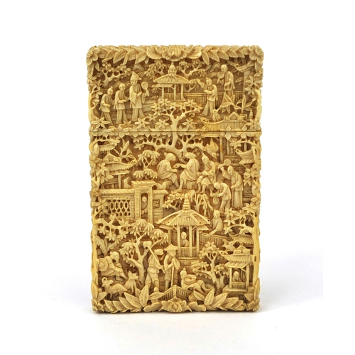 528 - Good rectangular Chinese Canton ivory card case, profusely carved with figures, pagodas and junks, c... 