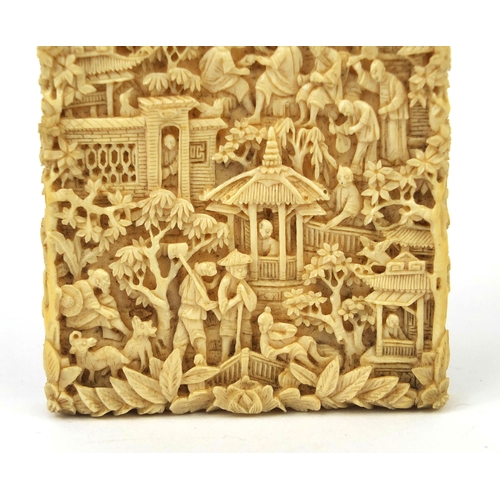 528 - Good rectangular Chinese Canton ivory card case, profusely carved with figures, pagodas and junks, c... 