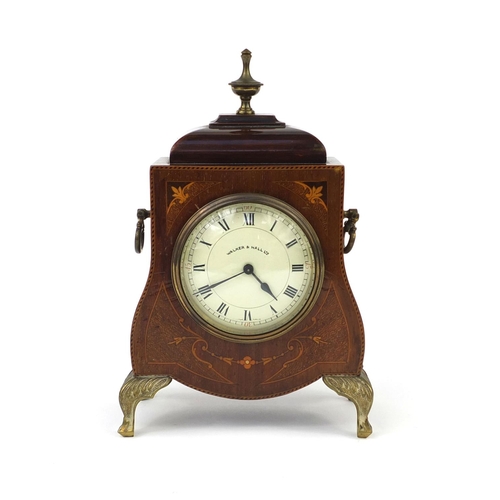 2124 - Inlaid mahogany mantel clock with twin handles and Roman numerals, 26cm high