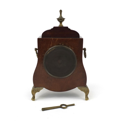 2124 - Inlaid mahogany mantel clock with twin handles and Roman numerals, 26cm high