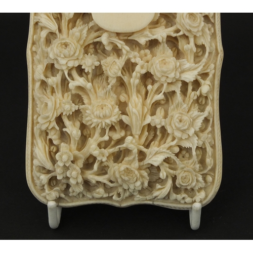 544 - Good Chinese Canton ivory card case, deeply and finely carved with flowers, the reverse with figures... 