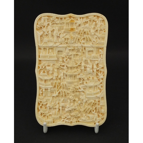 544 - Good Chinese Canton ivory card case, deeply and finely carved with flowers, the reverse with figures... 