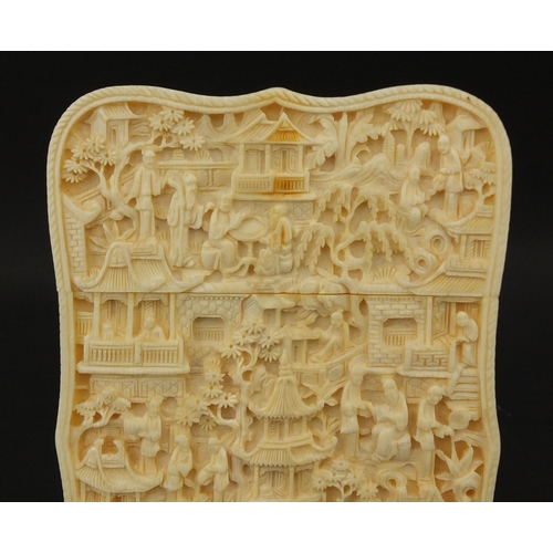 544 - Good Chinese Canton ivory card case, deeply and finely carved with flowers, the reverse with figures... 