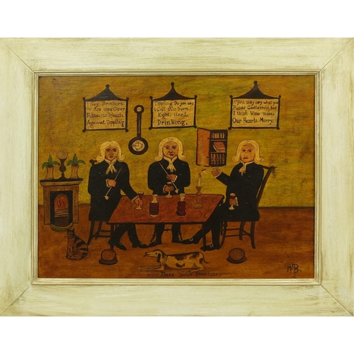 2208 - Michael Benfield - Oil onto wood panel, three sober preachers, with receipt for £315 verso, framed, ... 