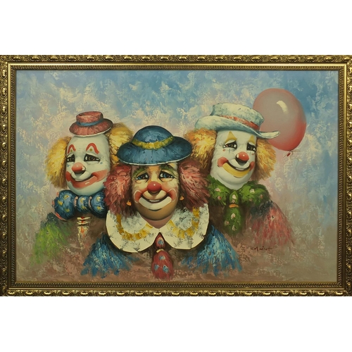 2212 - Oil onto canvas, three clowns, bearing an indistinct signature, gilt framed, 90cm x 60cm excluding t... 