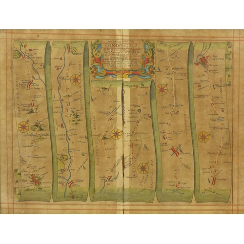 122 - Five antique hand coloured maps, including three John Ogilby road examples of London and a Robert Mo... 