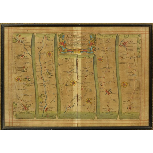 122 - Five antique hand coloured maps, including three John Ogilby road examples of London and a Robert Mo... 