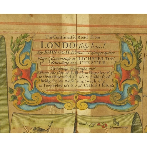 122 - Five antique hand coloured maps, including three John Ogilby road examples of London and a Robert Mo... 