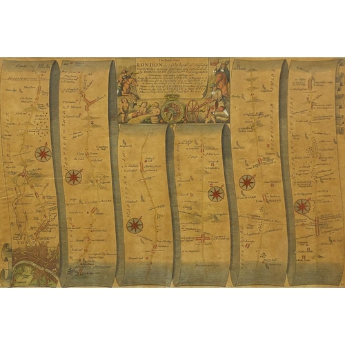 122 - Five antique hand coloured maps, including three John Ogilby road examples of London and a Robert Mo... 