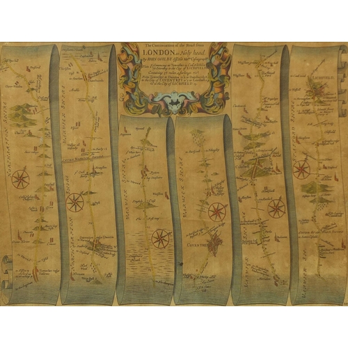 122 - Five antique hand coloured maps, including three John Ogilby road examples of London and a Robert Mo... 