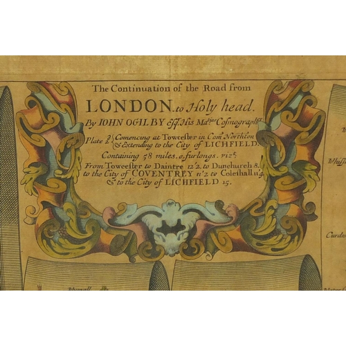 122 - Five antique hand coloured maps, including three John Ogilby road examples of London and a Robert Mo... 