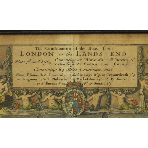 122 - Five antique hand coloured maps, including three John Ogilby road examples of London and a Robert Mo... 