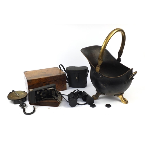 331 - Miscellaneous items including salters scales, walnut brass bound writing slope, coal scuttle, binocu... 