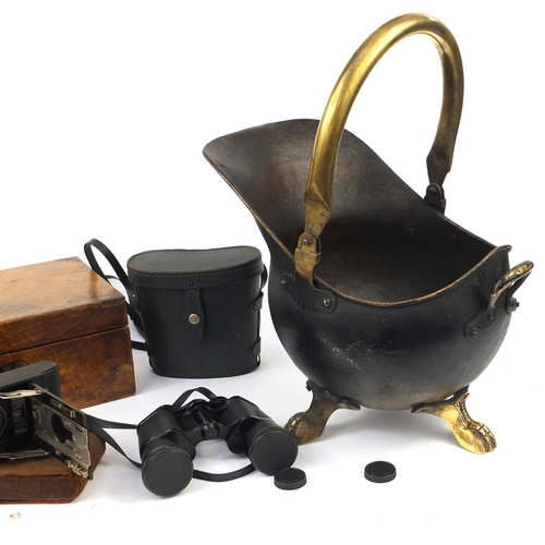 331 - Miscellaneous items including salters scales, walnut brass bound writing slope, coal scuttle, binocu... 