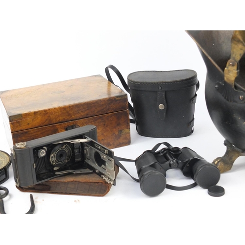 331 - Miscellaneous items including salters scales, walnut brass bound writing slope, coal scuttle, binocu... 