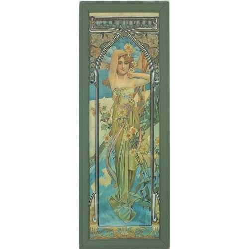 193 - Three Mucha coloured prints each with Art Nouveau ladies wearing dresses within arches, each framed,... 