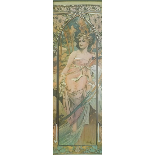 193 - Three Mucha coloured prints each with Art Nouveau ladies wearing dresses within arches, each framed,... 