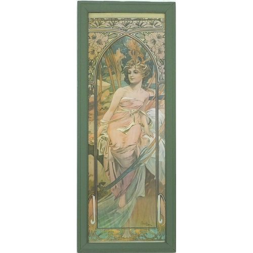 193 - Three Mucha coloured prints each with Art Nouveau ladies wearing dresses within arches, each framed,... 