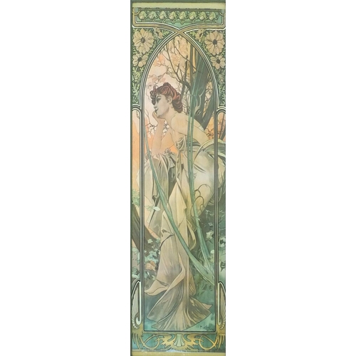 193 - Three Mucha coloured prints each with Art Nouveau ladies wearing dresses within arches, each framed,... 