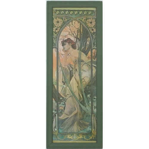 193 - Three Mucha coloured prints each with Art Nouveau ladies wearing dresses within arches, each framed,... 