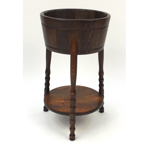 81 - Oak barrel planter with under tier, 64cm high x 36cm in diameter