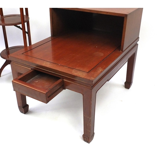 83 - Occasional furniture comprising Oriental hardwood telephone table, folding three tier cake stand and... 