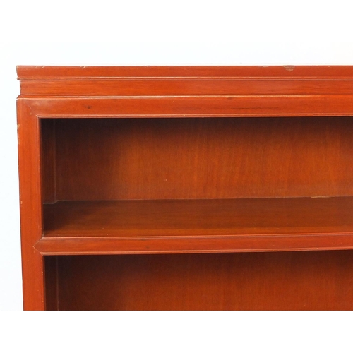 112 - Oriental hardwood open bookcase fitted with five shelves, 146cm high x 127cm wide x 31cm deep