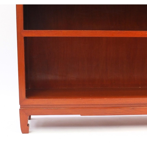 147 - Oriental hardwood open bookcase fitted with three shelves, 118cm high x 127cm wide x 31cm deep