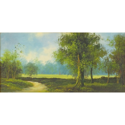 462 - Pair of oil onto boards, streams, landscapes and woodlands, both mounted and framed, each 100cm x 50... 